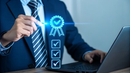 Businessman in dark blue suit using stylus on glowing blue holographic interface with award ribbon and checklist in dramatic lighting
