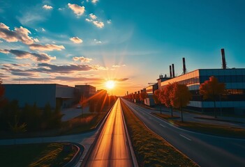 Fototapeta premium Autumn sun illuminates modern industrial park buildings, road visible, stock photo, trees