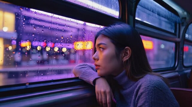 sad and melancholic young woman leans against the window of a bus on a rainy night, watching the colorful city lights