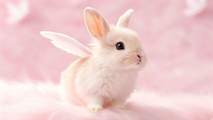Obraz premium Floating bunny with tiny wings pink background