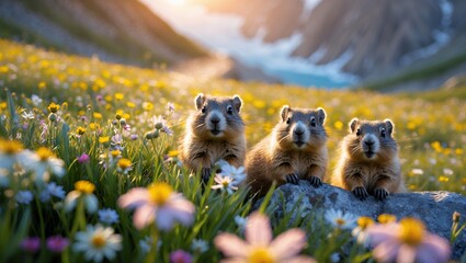Marmot on rock in flower meadow with mountains