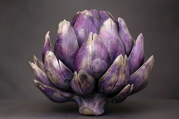 Obraz premium Studio shot of a ripe artichoke with purple and greenish petals on a gray background