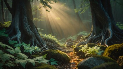 Sunlight through Tree Roots in Forest