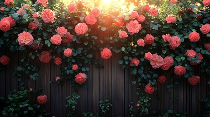 Pink roses climbing wooden fence