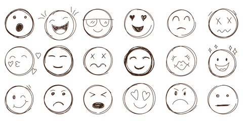 Emojis faces icon in hand drawn style. Doddle emoticons vector illustration on isolated background. Happy and sad face sign business concept.