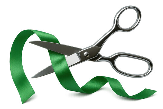 Sharp metallic scissors slicing vivid green ribbon against transparent backdrop, symbolizing ceremonial moments and milestone achievements