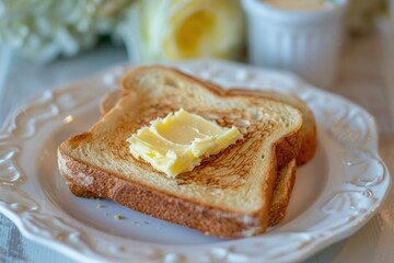 Two slices of toasted bread with melted butter on a white plate, ready for a delicious breakfast