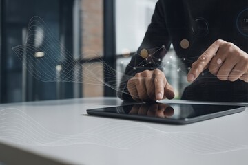 Man interacting with a tablet displaying a digital network over a white desk, technology and business concept showing futuristic design.