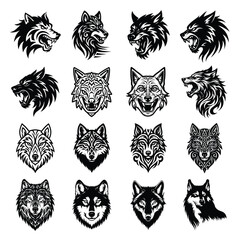 Wolf Head Set Silhouettes & Tribal Style Illustrations Vector Collection
