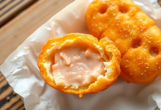 Golden-brown hotteok, crispy exterior, sweet filling, top view,  asian food,  recipe