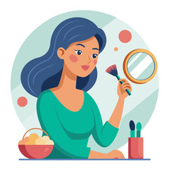 Fototapeta premium A woman applying makeup in front of a handheld mirror, focusing on beauty and self-care.