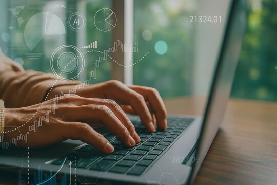 Hands type on a laptop with overlaid AI data visualizations, reflecting financial analysis and modern digital business intelligence trends for effective strategy.