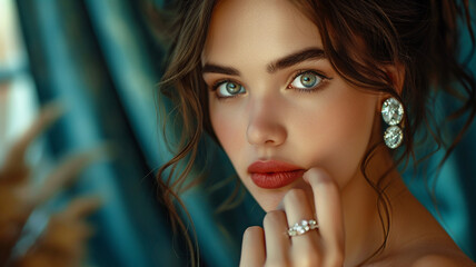 Young lady with a diamond ring in her hand. Lovely background.