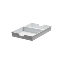 Close up of a white plastic drawer organizer with two compartments