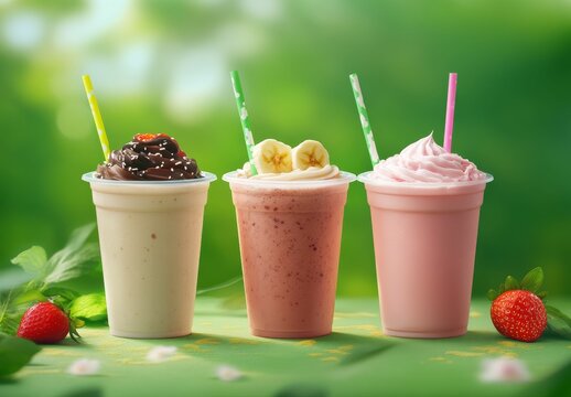  fruit smoothies in three flavors displayed side by side in daylight, strawberry smoothie, berry smoothie, watermelon smoothie