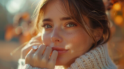 Young lady with a diamond ring in her hand. Lovely background.