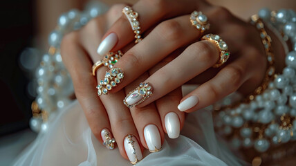 Young white woman's hands with beautiful nails and manicure wearing gold, jewelry and rings on her fingers , Woman wearing jewelry with various beautiful manicured nails