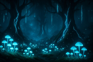 Neon Blue Forest with Tropical Trees