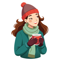 A cozy woman in a winter outfit with a beanie, scarf, and warm smile, ready for cold weather.