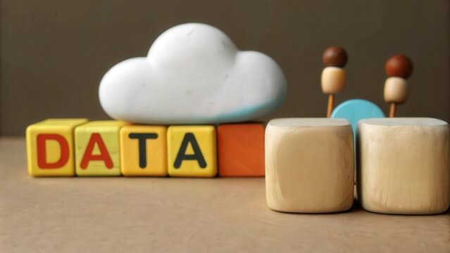 Wooden blocks spelling "DATA" with a cloud or database icon placed near blocks in soft focus tech setting
