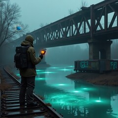 Fototapeta premium A person with a backpack holding a device on a railway near a river under a bridge in a foggy landscape