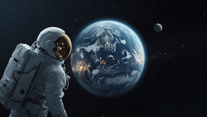 Astronaut gazes at Earth from space with moon nearby spacesuit white
