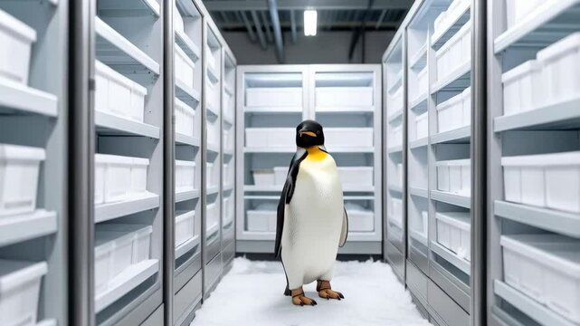 Emperor penguin standing in refrigerated room filled with shelving units containing white storage bins. A surreal, improbable setting.