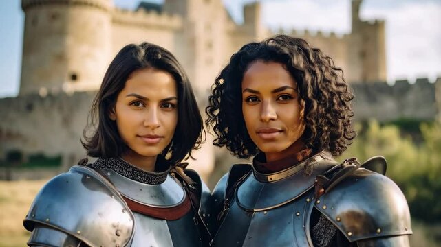 Two female medieval knights in armor stand before castle with determined expressions.