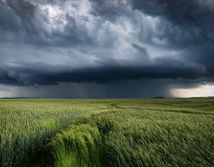 field of grass is covered in clouds and a storm is brewing