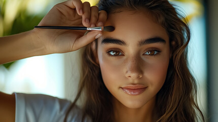 Obraz premium Pretty young girl applying cosmetic makeup with a brush to her eyebrows