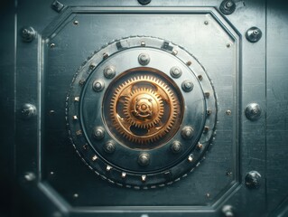 Economy balancing antique concept. Intricate design of a safe's lock mechanism featuring gears and bolts.