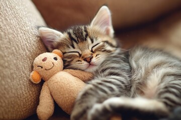A small gray tabby kitten sleeps peacefully next to a plush toy. The kitten has distinctive stripes and a relaxed expression, creating a cozy scene.
