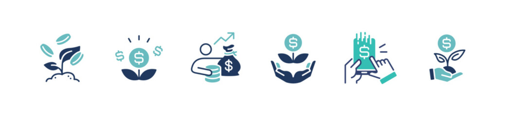 finance investment asset icon set business income savings bank currency hand holding plant investor asset signs vector illustration