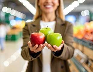 Woman holding apples in a grocery store