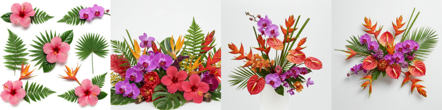 Tropical Flower Arrangements - Vibrant collection of tropical flowers and foliage, including hibiscus, orchids, and bird of paradise. Perfect for summer designs