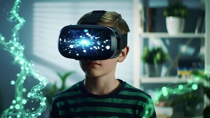 Young boy experiencing virtual reality metaverse with digital energy graphics - Powered by Adobe