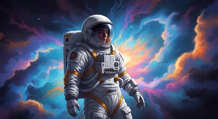 Fototapeta premium Cosmic Wonder: Psychedelic 70s Astronaut Floating in Space Illustration