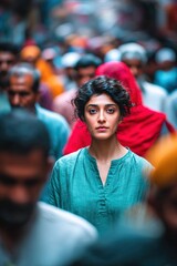 Obraz premium Woman standing out in a diverse crowd of People in New Delhi
