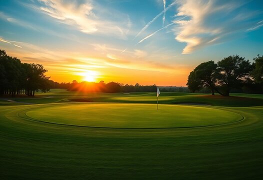 Elegant golf course landscape at sunset with green fairway and flags,  invitation,  game
