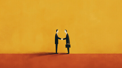 ​​Minimalist Business Partnership Concept: Stylized Executives Handshake on Vibrant Yellow Background with Orange Floor​​