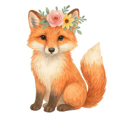Obraz premium Isolate transparent watercolor fox with floral crown, hand-painted watercolor fox with floral crown clipart for wedding design PNG die-cut for advertising 
