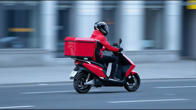 Fast delivery on a red scooter in a bustling city during the daytime