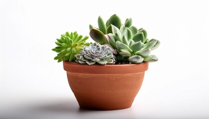Fototapeta premium succulents in a small clay pot against a white background shallow focus
