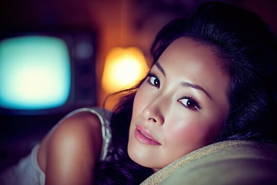 Attractive asian woman lying down in front of a television