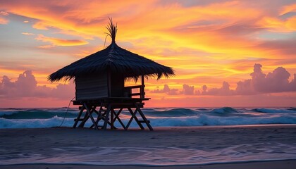Vibrant sunset paints sky over stilted beach hut, layered waves crash on sandy shore,  paper cut,  shoreline