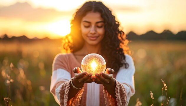 Woman holding crystal ball at sunset (2)