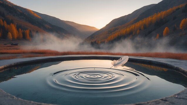 Feather on water with mountain landscape in background