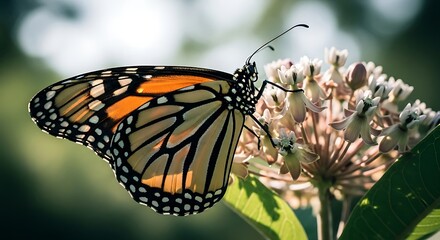 Obraz premium Monarch Butterfly on Milkweed A Close-Up View of Nature's Beauty and Pollination