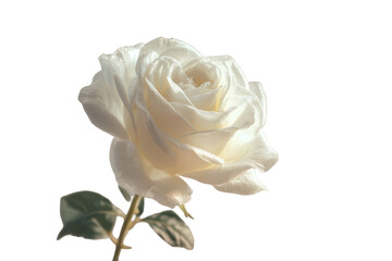 A single white rose with green leaves isolated on a black background in soft lighting