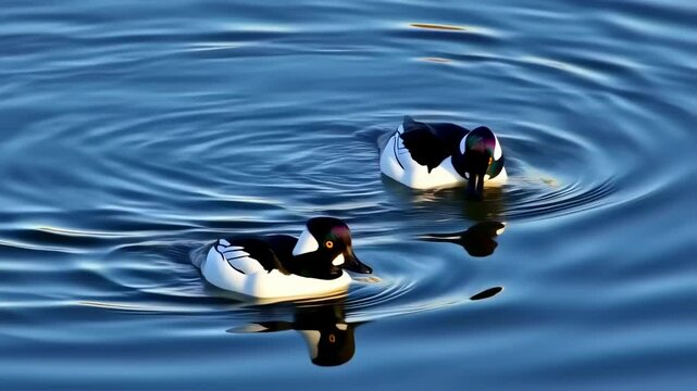 Elegant Goldeneye Ducks Gracefully Gliding on Calm Water Surface
